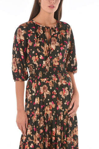 Maxi Dress Bouquet in Twill di Seta con Motivo Floreale