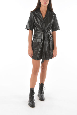 Snap Buttons Leather mini ShirtDress with Belt