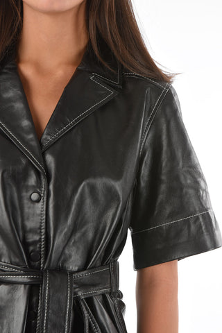 Snap Buttons Leather mini ShirtDress with Belt