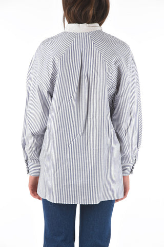 Cotton and Linen Awning Striped Shirt with Classic Collar