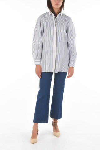 Cotton and Linen Awning Striped Shirt with Classic Collar