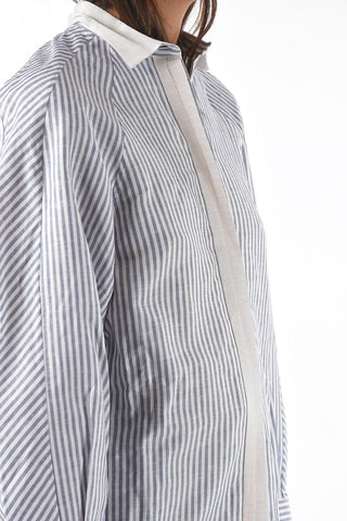 Cotton and Linen Awning Striped Shirt with Classic Collar