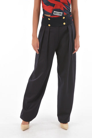 double-pleat striped wide leg pants with golden buttons