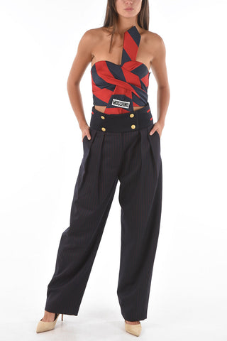 Pantaloni wide leg a doppia pince con bottoni dorati e righe