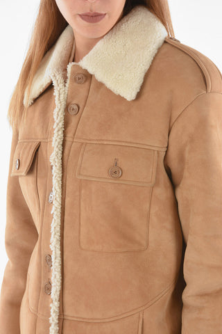 Suede Leather Shearling Coat with Double Breast Pocket