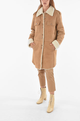 Suede Leather Shearling Coat with Double Breast Pocket
