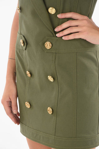 Sleeveless Double Breasted Dress with Golden Buttons and Spear Lapel Collar