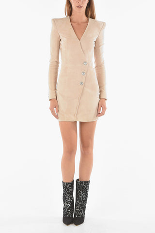Vestito In Pelle Maniche Lunghe Con Bottoni Gioiello e Scollo a V
