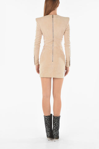 Vestito In Pelle Maniche Lunghe Con Bottoni Gioiello e Scollo a V

