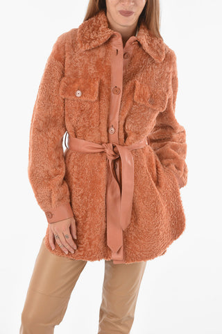 Leather Shearling Coat with Double Breast Pocket and Belt