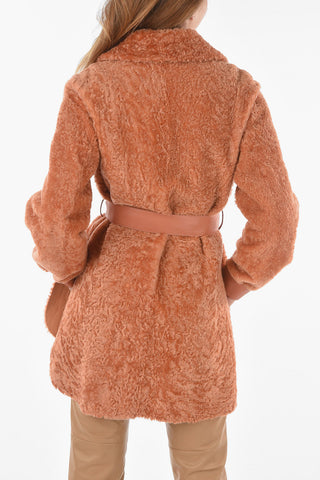 Leather Shearling Coat with Double Breast Pocket and Belt