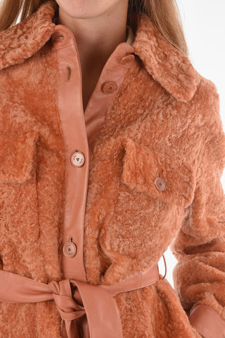 Leather Shearling Coat with Double Breast Pocket and Belt