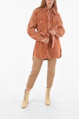 Leather Shearling Coat with Double Breast Pocket and Belt