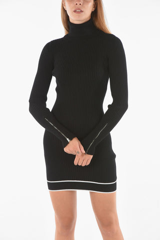 Turtleneck Ribbed Bodycon Dress with Zip on The Sleeve
