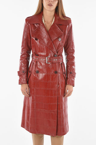 Soft Leather Double-breasted Trench Coat with Belt in Croco Print