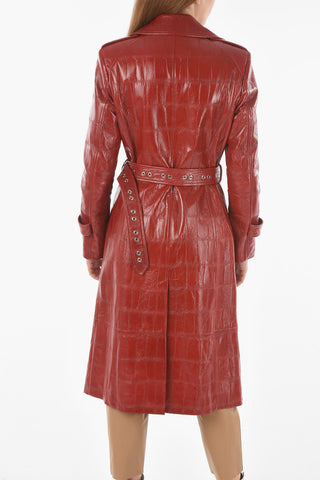 Soft Leather Double-breasted Trench Coat with Belt in Croco Print