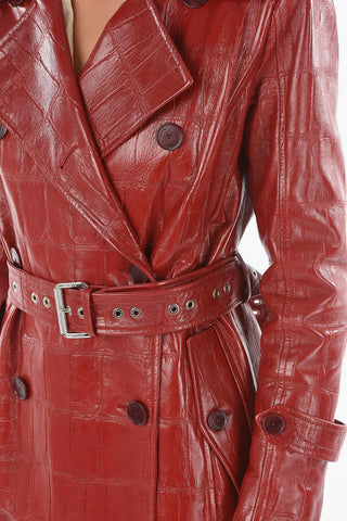 Soft Leather Double-breasted Trench Coat with Belt in Croco Print