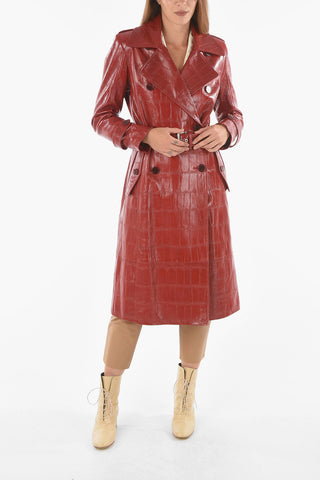 Soft Leather Double-breasted Trench Coat with Belt in Croco Print