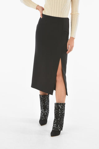 Wool and Silk Blend Longuette Pencil Skirt With Side Slit