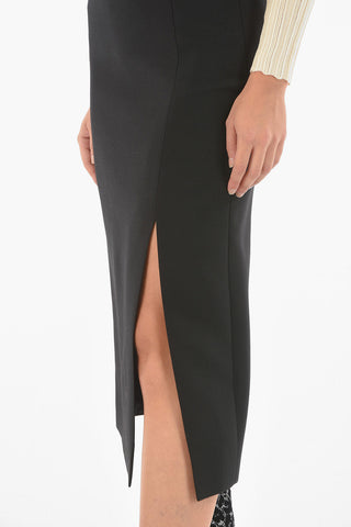 Wool and Silk Blend Longuette Pencil Skirt With Side Slit