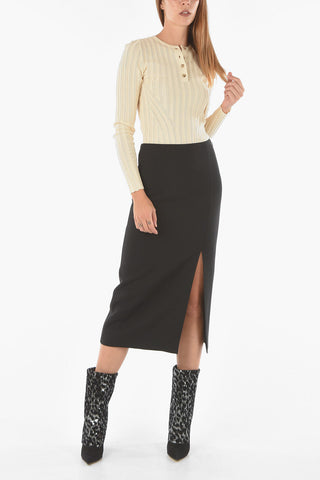 Wool and Silk Blend Longuette Pencil Skirt With Side Slit
