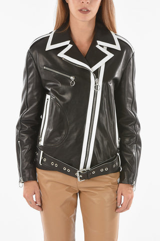 Giubbotto Biker in Pelle Con Bordi in Contrasto