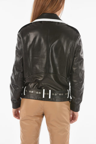 Giubbotto Biker in Pelle Con Bordi in Contrasto