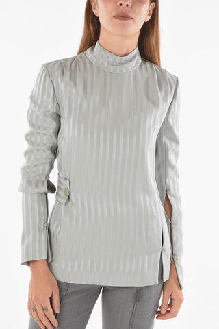 Tone-on-tone Pinstriped Mock Neck Blouse with Side Band Detail