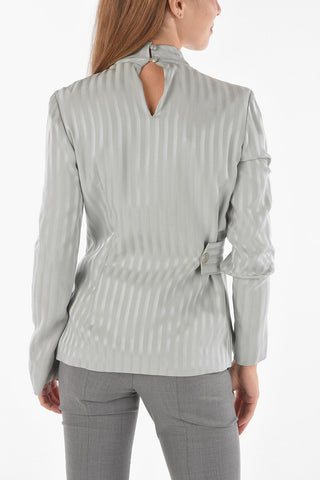 Tone-on-tone Pinstriped Mock Neck Blouse with Side Band Detail