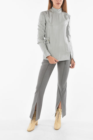 Tone-on-tone Pinstriped Mock Neck Blouse with Side Band Detail