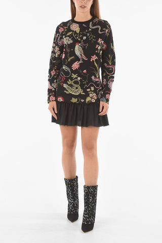Vestito in Maglia Girocollo con Ricami e Dettaglio in Tulle