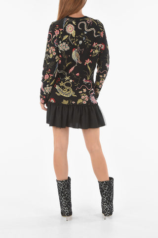 Vestito in Maglia Girocollo con Ricami e Dettaglio in Tulle