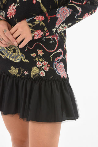 Vestito in Maglia Girocollo con Ricami e Dettaglio in Tulle