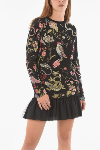 Vestito in Maglia Girocollo con Ricami e Dettaglio in Tulle