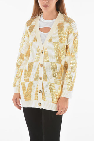 Wool Cardigan with Button Closure and Metallic Effect