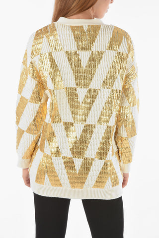 Wool Cardigan with Button Closure and Metallic Effect