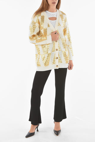 Wool Cardigan with Button Closure and Metallic Effect