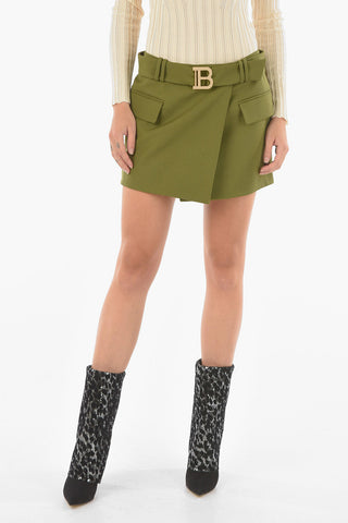 Wallet Belted Mini Skirt with Logoed Buckle and Flap Pockets