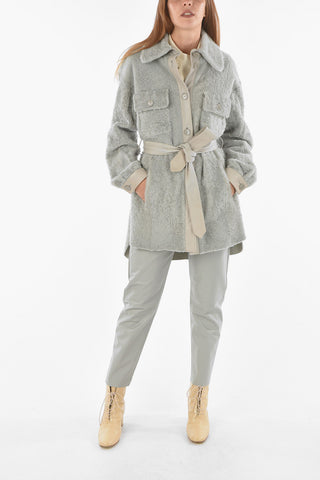 Leather Shearling Coat with Side Splits and Double Breast Pocket