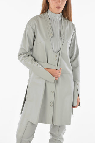 Leather Shirt Dress with Side Splits and Plunging Neckline