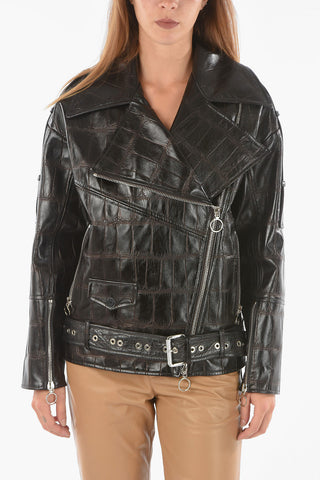 Croco Printed Leather PEFECTO Biker Jacket with Logoed Buckle