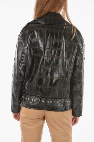 Croco Printed Leather PEFECTO Biker Jacket with Logoed Buckle