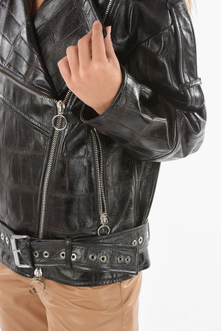 Croco Printed Leather PEFECTO Biker Jacket with Logoed Buckle
