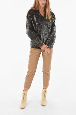 Croco Printed Leather PEFECTO Biker Jacket with Logoed Buckle