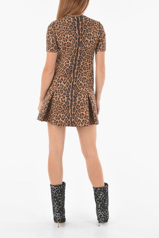 Short Sleeved Animalier Leopard Print Dress Wool Silk Blend