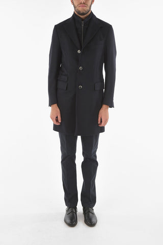 ID Notch Lapel Coat with Zip and Buttons Double Closure