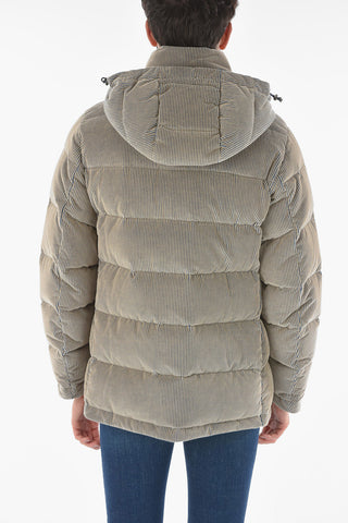 Piumino Bicolore in Velour a Coste con Cappuccio Removibile