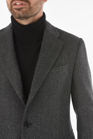 Cappotto in Lana Herringbone con Tasche con Aletta