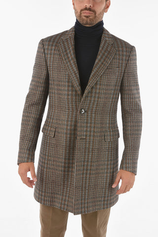 Virgin Wool Silk Blend Coat with Herringbone Pattern