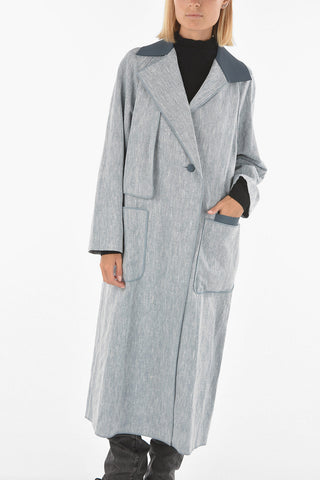 Silk and Linen Maxi Double Breasted Coat with Leather neck